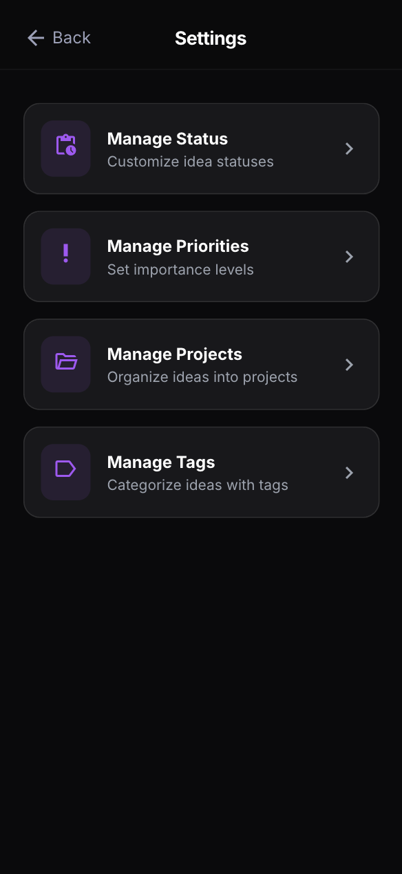 Idea Manager Settings in dark mode with Manage Status, Manage Priorities, Manage Projects and Manage Tags.